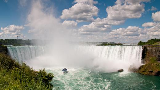 A boat tour at Niagara Falls gets very near the waterfalls.